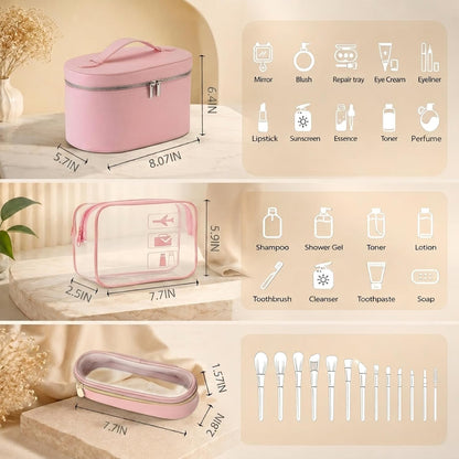 Travel Toiletry Bag Set for Women, 3-Piece Makeup Organizer with TSA Approved Clear Bag & Brush Pouch, Waterproof Cosmetic Bags for Carry On (Pink)