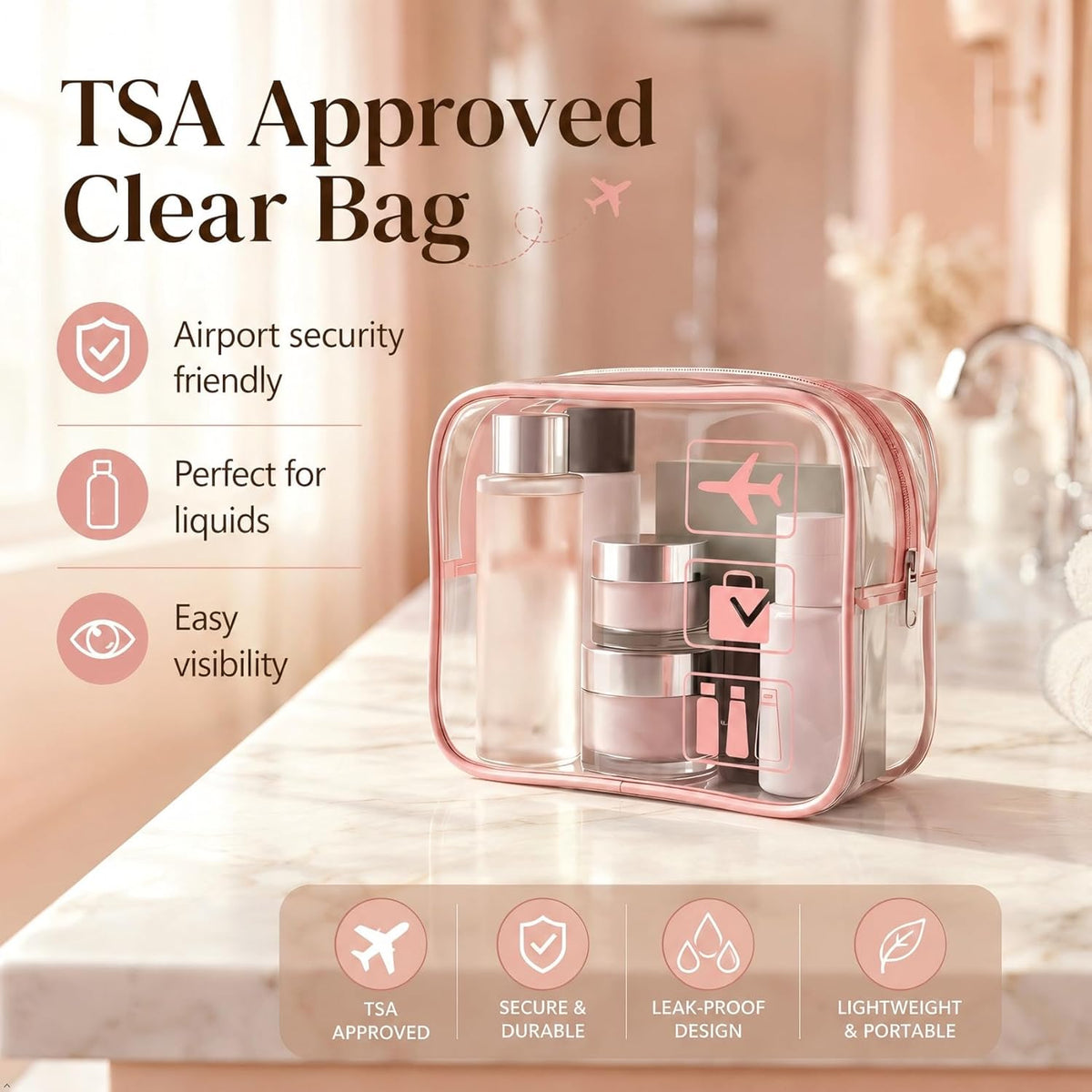 Travel Toiletry Bag Set for Women, 3-Piece Makeup Organizer with TSA Approved Clear Bag & Brush Pouch, Waterproof Cosmetic Bags for Carry On (Pink)