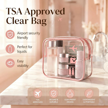 Travel Toiletry Bag Set for Women, 3-Piece Makeup Organizer with TSA Approved Clear Bag & Brush Pouch, Waterproof Cosmetic Bags for Carry On (Pink)