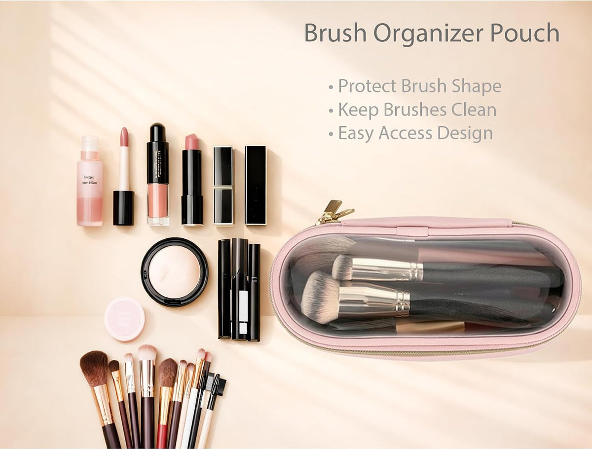 Travel Toiletry Bag Set for Women, 3-Piece Makeup Organizer with TSA Approved Clear Bag & Brush Pouch, Waterproof Cosmetic Bags for Carry On (Pink)