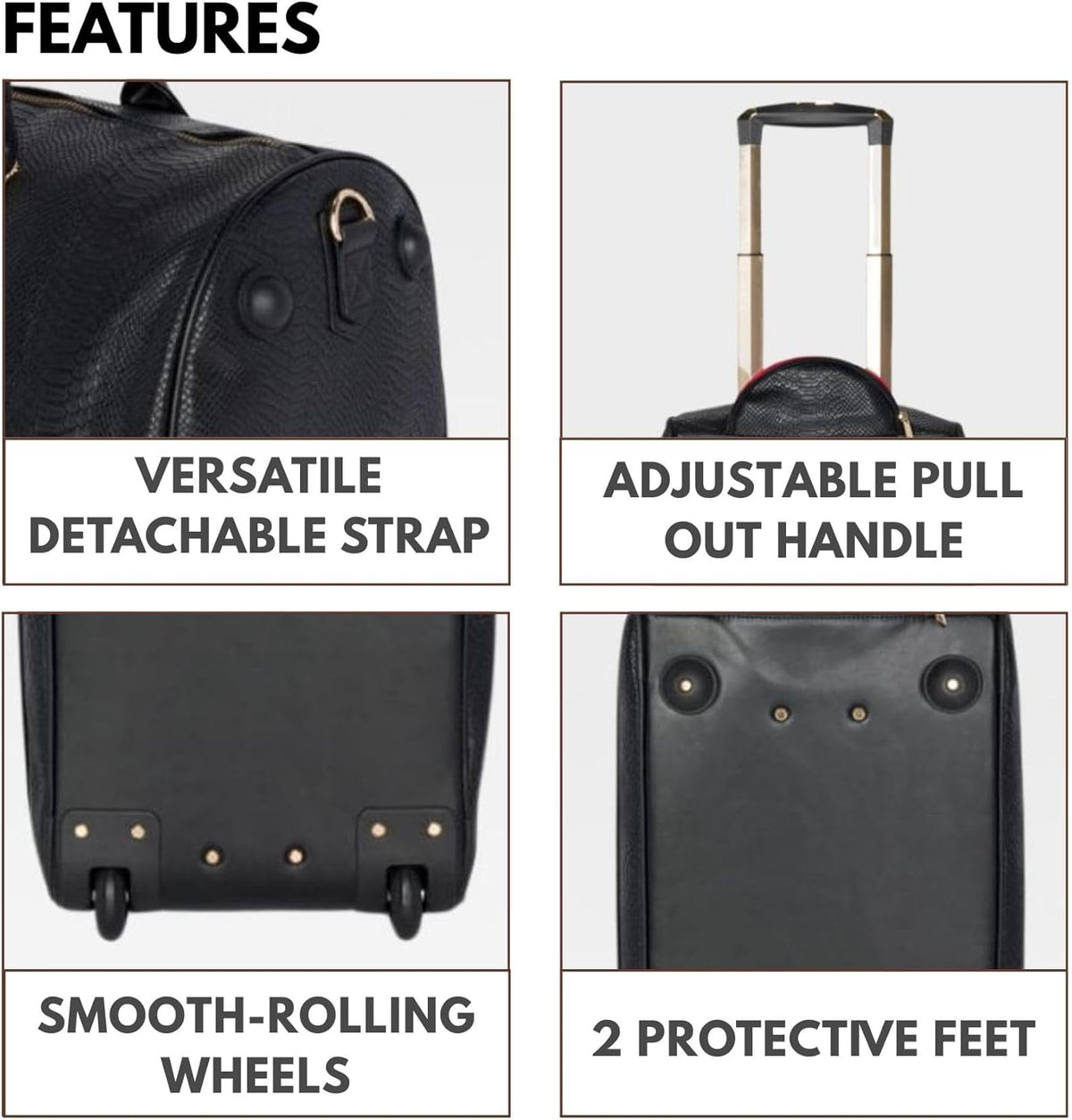 Apollo 2 Large Rolling Duffle Bag with Wheels, Carry-On Roll Duffel for Travel, Gym, Sports, Daily, Weekend & All-Purpose Use for Men & Women (Crocodile Skin, Black)