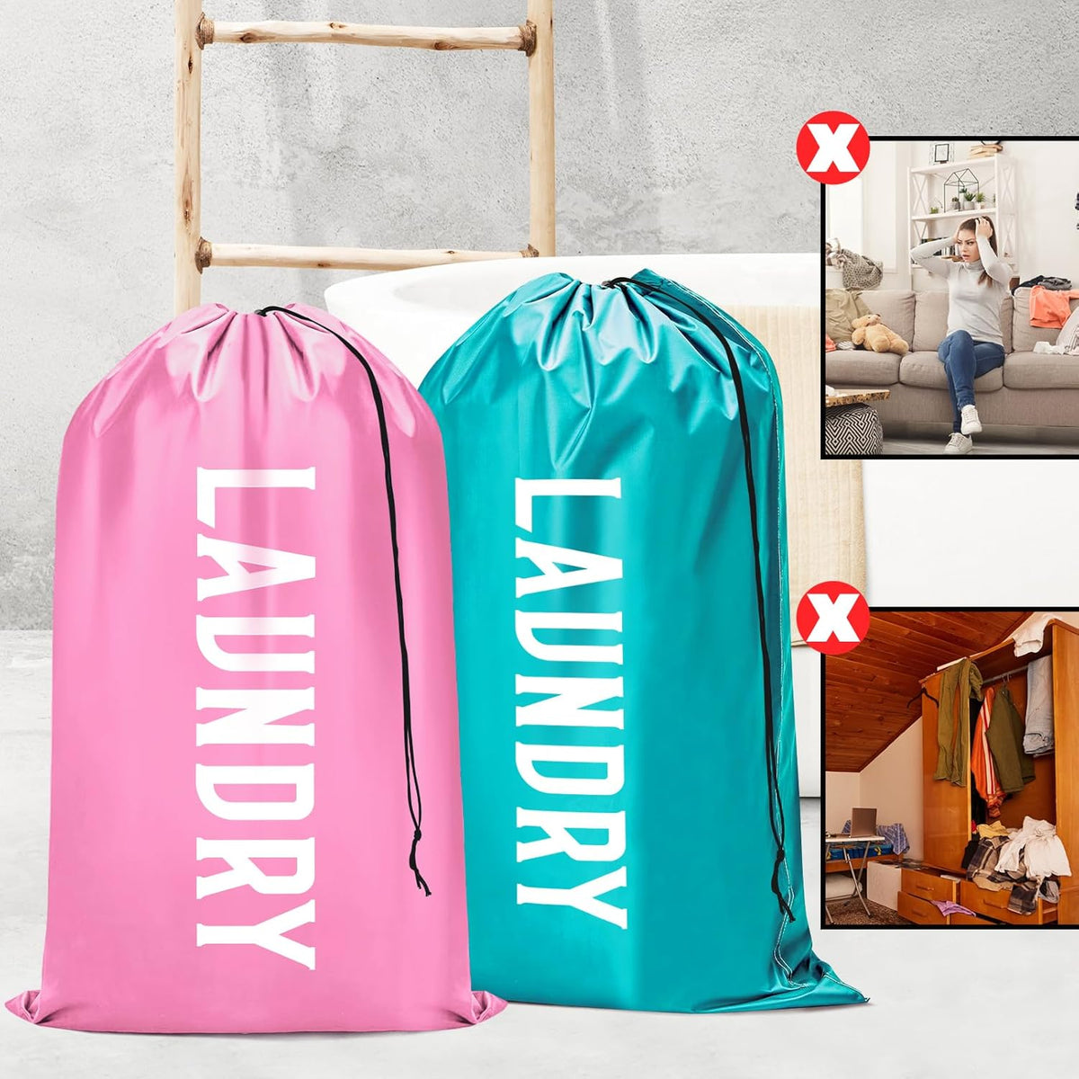 2 Pack XL Travel Laundry Bag, Machine Washable Dirty Clothes Organizer, Large Enough to Hold 4 Loads of Laundry, Easy Fit a Laundry Basket (Pink+Blue, 24" x 36")