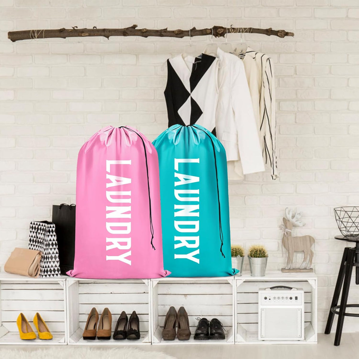 2 Pack XL Travel Laundry Bag, Machine Washable Dirty Clothes Organizer, Large Enough to Hold 4 Loads of Laundry, Easy Fit a Laundry Basket (Pink+Blue, 24" x 36")