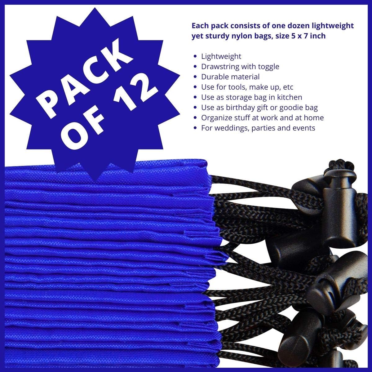 Drawstring Pouch with Toggle (12 x 16 Inch, Black) Nylon Cinch Bag for Travel, Shoes, Gym and Storage