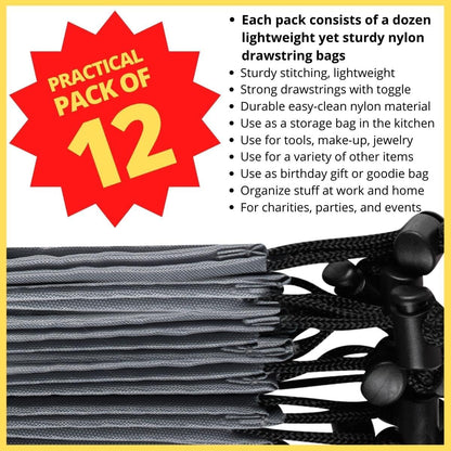 Drawstring Pouch with Toggle (12 x 16 Inch, Black) Nylon Cinch Bag for Travel, Shoes, Gym and Storage