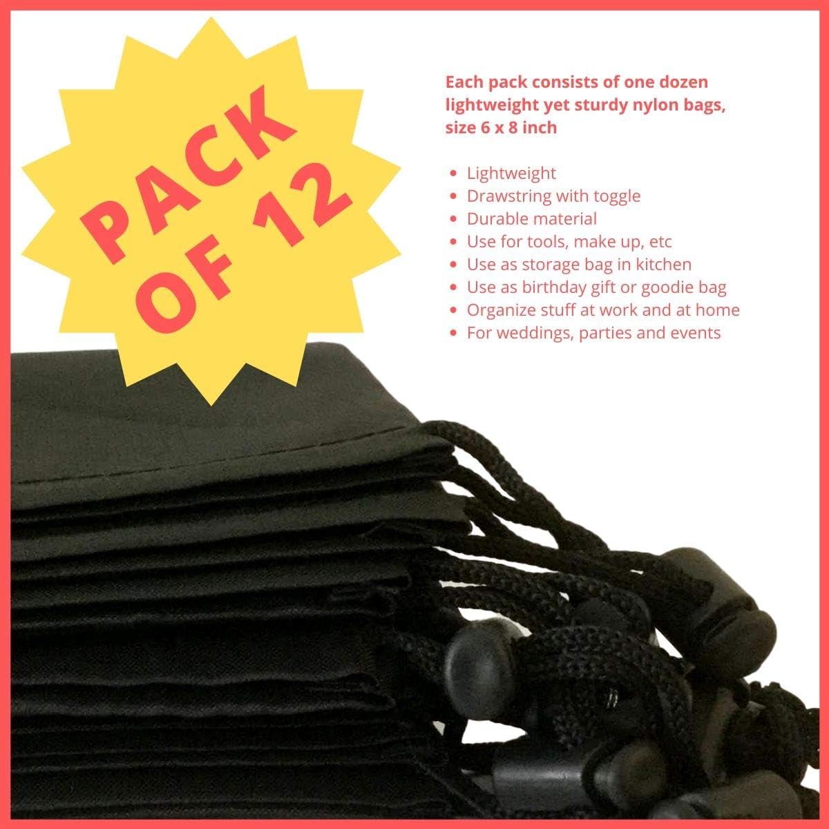 Drawstring Pouch with Toggle (12 x 16 Inch, Black) Nylon Cinch Bag for Travel, Shoes, Gym and Storage
