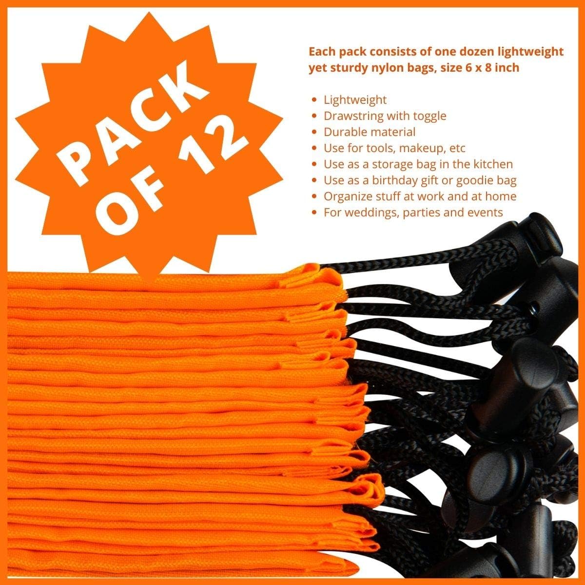 Drawstring Pouch with Toggle (12 x 16 Inch, Black) Nylon Cinch Bag for Travel, Shoes, Gym and Storage