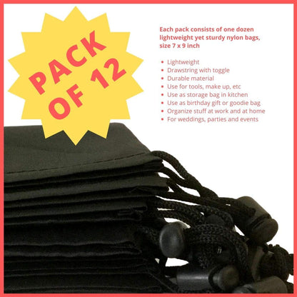 Drawstring Pouch with Toggle (12 x 16 Inch, Black) Nylon Cinch Bag for Travel, Shoes, Gym and Storage