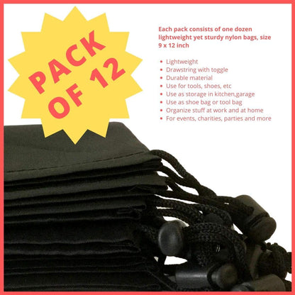 Drawstring Pouch with Toggle (12 x 16 Inch, Black) Nylon Cinch Bag for Travel, Shoes, Gym and Storage