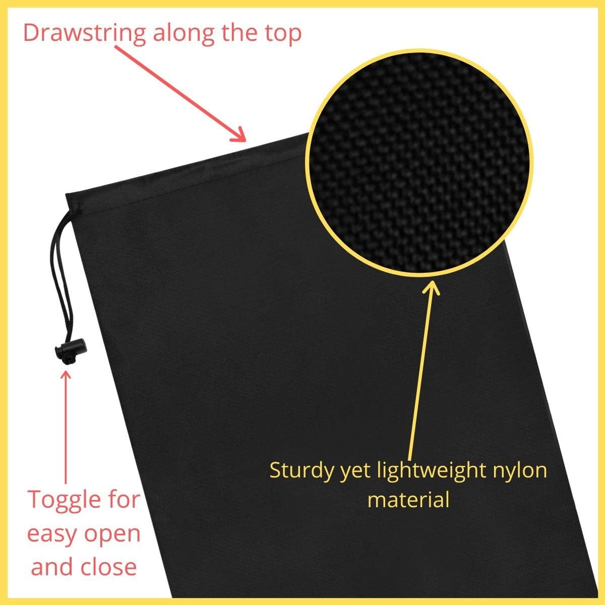 Drawstring Pouch with Toggle (12 x 16 Inch, Black) Nylon Cinch Bag for Travel, Shoes, Gym and Storage