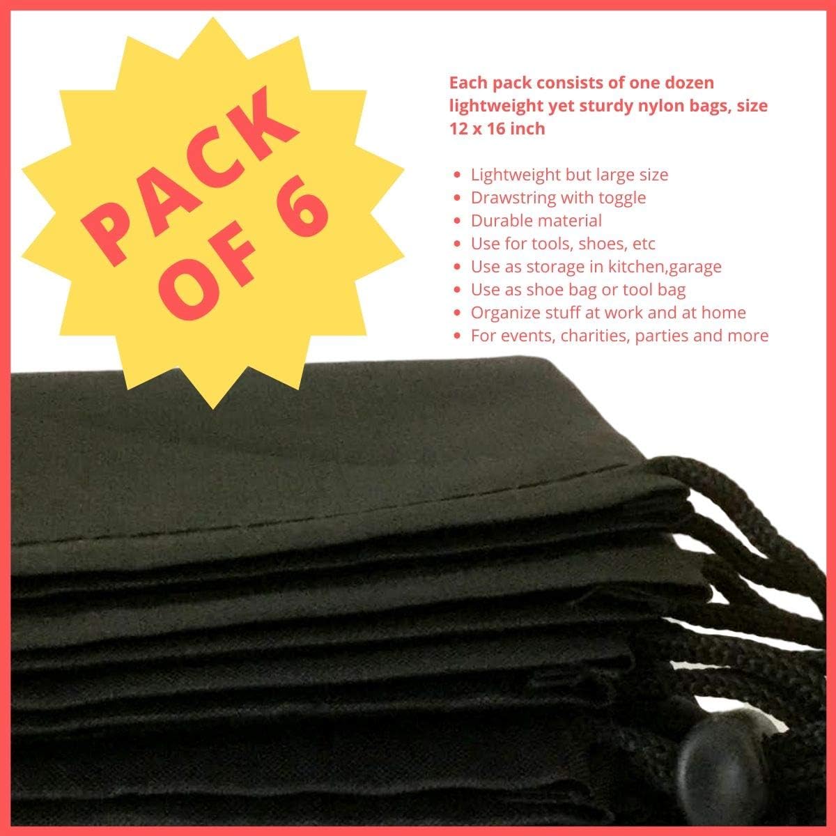Drawstring Pouch with Toggle (12 x 16 Inch, Black) Nylon Cinch Bag for Travel, Shoes, Gym and Storage