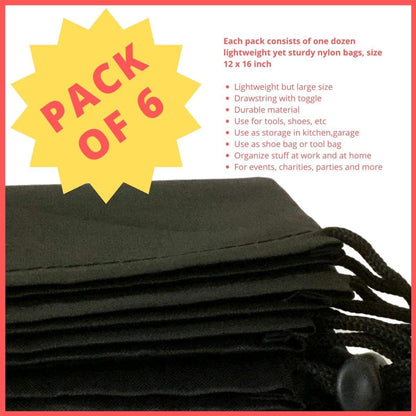 Drawstring Pouch with Toggle (12 x 16 Inch, Black) Nylon Cinch Bag for Travel, Shoes, Gym and Storage