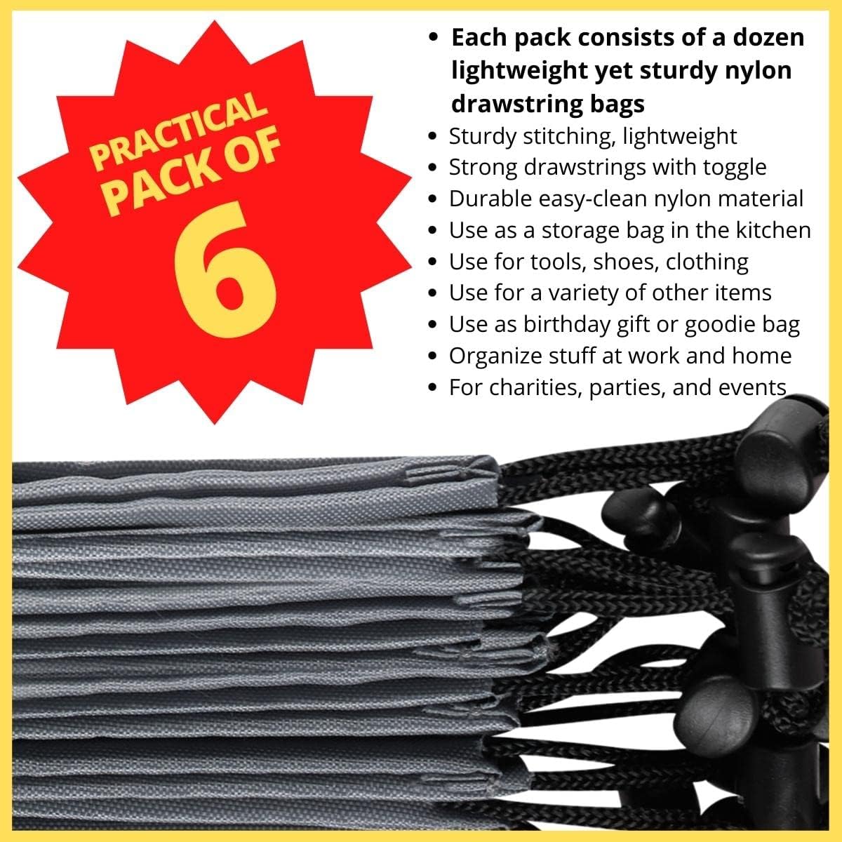 Drawstring Pouch with Toggle (12 x 16 Inch, Black) Nylon Cinch Bag for Travel, Shoes, Gym and Storage