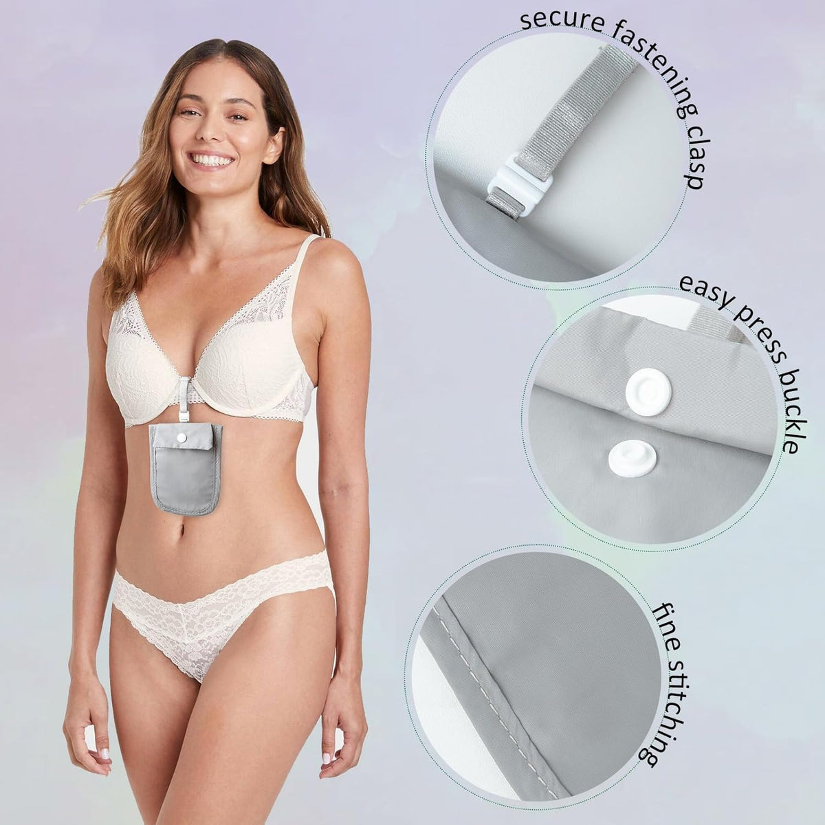 Hidden Bra Wallet - Undercover Travel Pouch with Adjustable Elastic Strap for Credit Cash，Cards, and Valuables - Secret Stash Pocket for All Bra Sizes (grey)