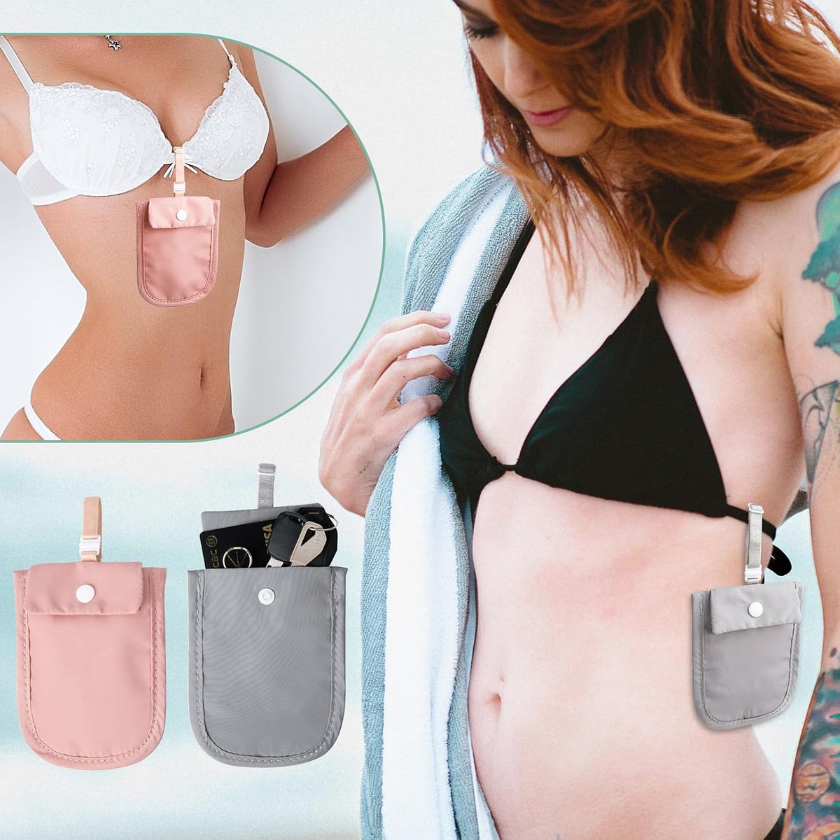 Hidden Bra Wallet - Undercover Travel Pouch with Adjustable Elastic Strap for Credit Cash，Cards, and Valuables - Secret Stash Pocket for All Bra Sizes (grey)