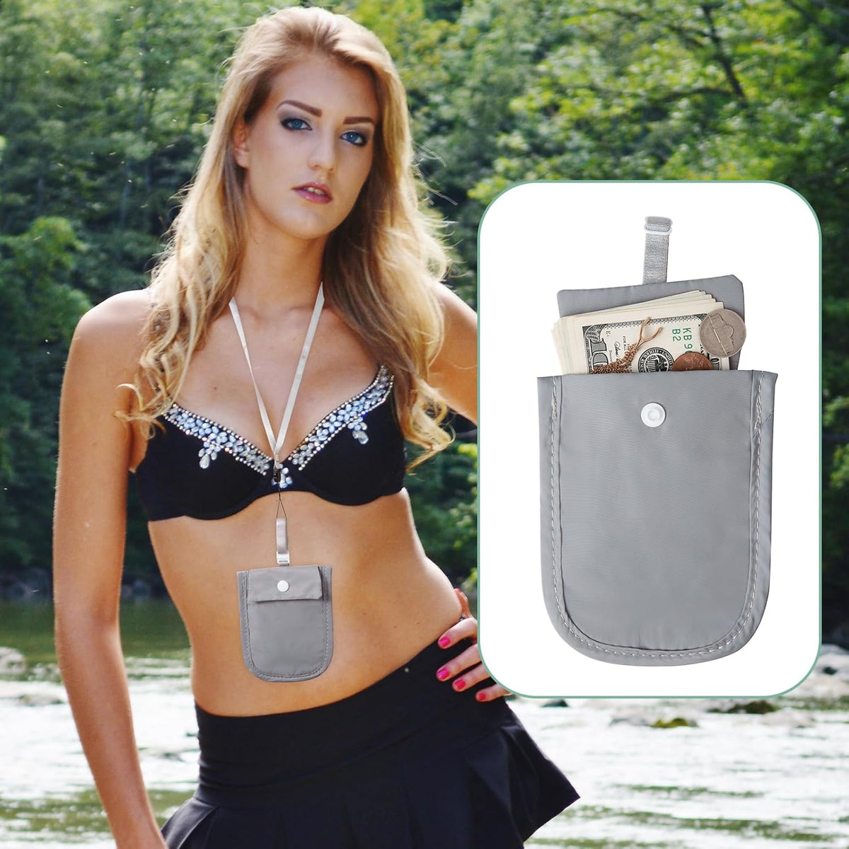 Hidden Bra Wallet - Undercover Travel Pouch with Adjustable Elastic Strap for Credit Cash，Cards, and Valuables - Secret Stash Pocket for All Bra Sizes (grey)