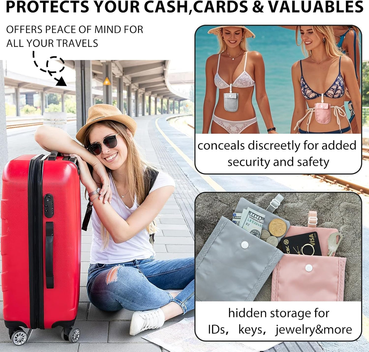Hidden Bra Wallet - Undercover Travel Pouch with Adjustable Elastic Strap for Credit Cash，Cards, and Valuables - Secret Stash Pocket for All Bra Sizes (grey)