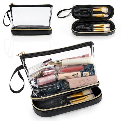 Small Makeup Bag, 2 Layers Travel Make up Organizer Bag with Makeup Brush Holder, Portable Cosmetic Bag for Women/Girls, Blue Flower