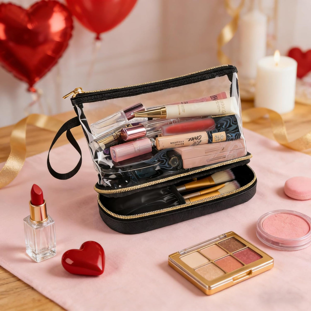 Small Makeup Bag, 2 Layers Travel Make up Organizer Bag with Makeup Brush Holder, Portable Cosmetic Bag for Women/Girls, Blue Flower