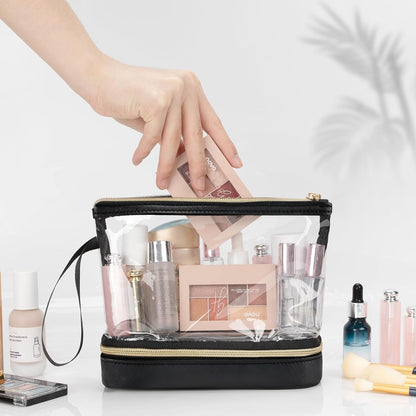 Small Makeup Bag, 2 Layers Travel Make up Organizer Bag with Makeup Brush Holder, Portable Cosmetic Bag for Women/Girls, Blue Flower