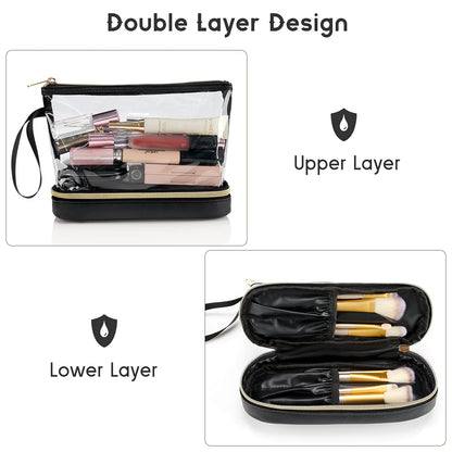 Small Makeup Bag, 2 Layers Travel Make up Organizer Bag with Makeup Brush Holder, Portable Cosmetic Bag for Women/Girls, Blue Flower