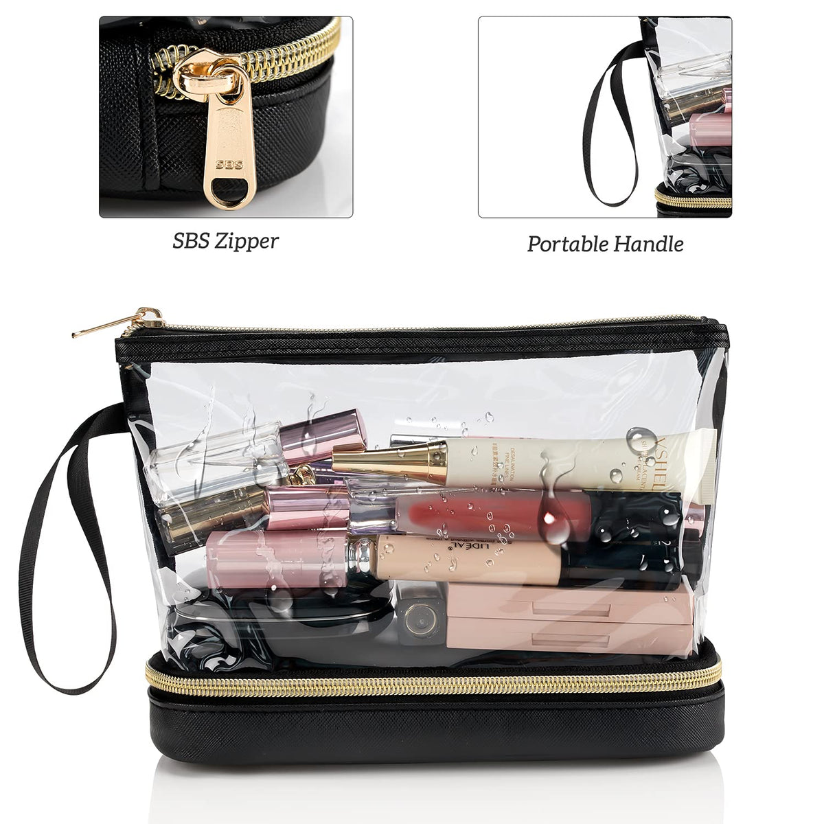 Small Makeup Bag, 2 Layers Travel Make up Organizer Bag with Makeup Brush Holder, Portable Cosmetic Bag for Women/Girls, Blue Flower