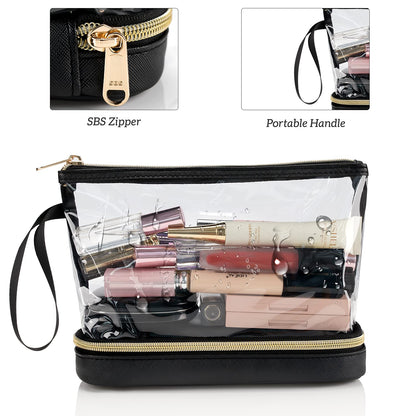 Small Makeup Bag, 2 Layers Travel Make up Organizer Bag with Makeup Brush Holder, Portable Cosmetic Bag for Women/Girls, Blue Flower