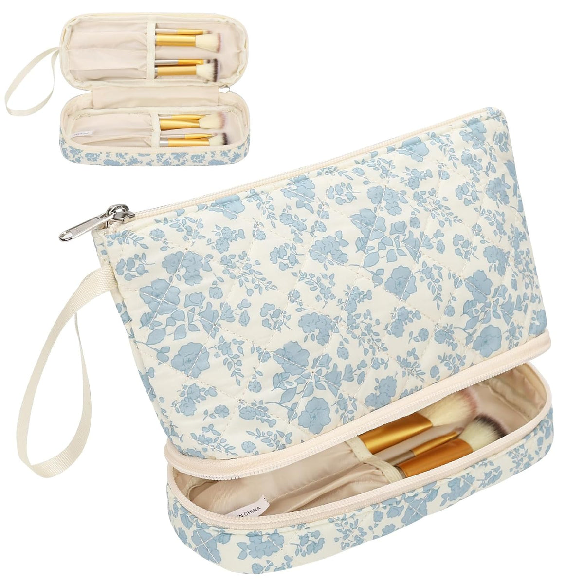 Small Makeup Bag, 2 Layers Travel Make up Organizer Bag with Makeup Brush Holder, Portable Cosmetic Bag for Women/Girls, Blue Flower