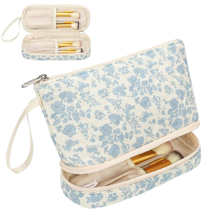 Small Makeup Bag, 2 Layers Travel Make up Organizer Bag with Makeup Brush Holder, Portable Cosmetic Bag for Women/Girls, Blue Flower