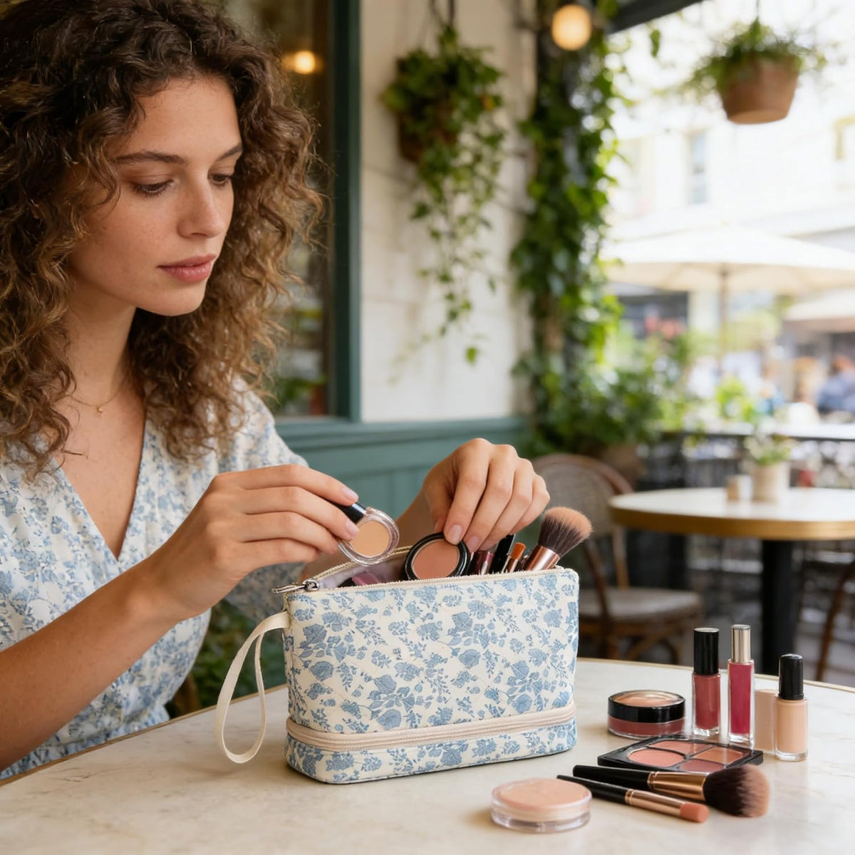Small Makeup Bag, 2 Layers Travel Make up Organizer Bag with Makeup Brush Holder, Portable Cosmetic Bag for Women/Girls, Blue Flower