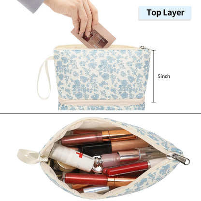 Small Makeup Bag, 2 Layers Travel Make up Organizer Bag with Makeup Brush Holder, Portable Cosmetic Bag for Women/Girls, Blue Flower