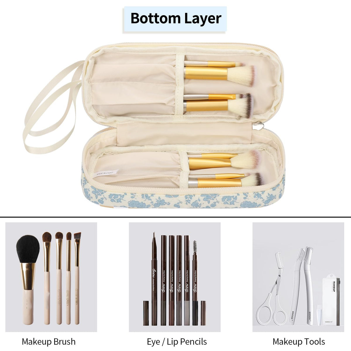Small Makeup Bag, 2 Layers Travel Make up Organizer Bag with Makeup Brush Holder, Portable Cosmetic Bag for Women/Girls, Blue Flower