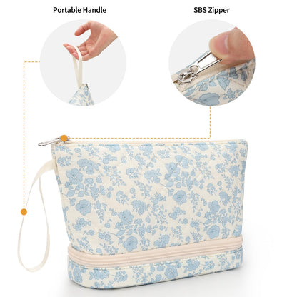 Small Makeup Bag, 2 Layers Travel Make up Organizer Bag with Makeup Brush Holder, Portable Cosmetic Bag for Women/Girls, Blue Flower