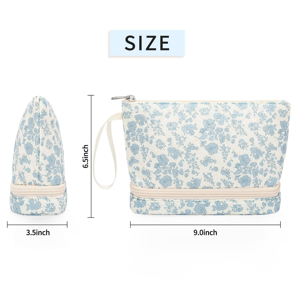 Small Makeup Bag, 2 Layers Travel Make up Organizer Bag with Makeup Brush Holder, Portable Cosmetic Bag for Women/Girls, Blue Flower