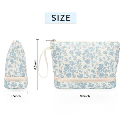 Small Makeup Bag, 2 Layers Travel Make up Organizer Bag with Makeup Brush Holder, Portable Cosmetic Bag for Women/Girls, Blue Flower