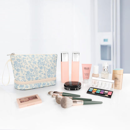 Small Makeup Bag, 2 Layers Travel Make up Organizer Bag with Makeup Brush Holder, Portable Cosmetic Bag for Women/Girls, Blue Flower