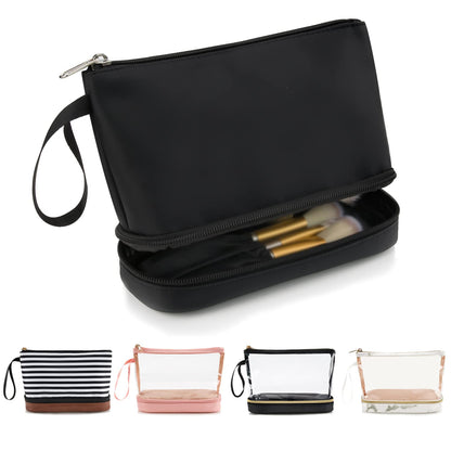 Small Makeup Bag, 2 Layers Travel Make up Organizer Bag with Makeup Brush Holder, Portable Cosmetic Bag for Women/Girls, Blue Flower