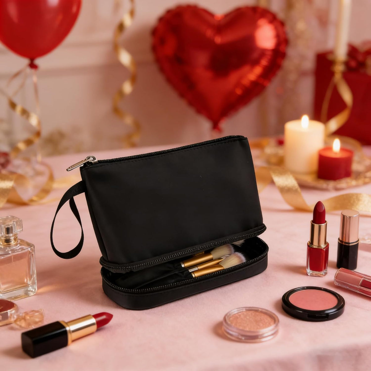 Small Makeup Bag, 2 Layers Travel Make up Organizer Bag with Makeup Brush Holder, Portable Cosmetic Bag for Women/Girls, Blue Flower