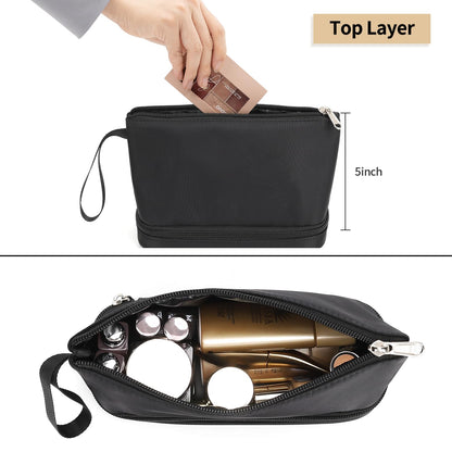 Small Makeup Bag, 2 Layers Travel Make up Organizer Bag with Makeup Brush Holder, Portable Cosmetic Bag for Women/Girls, Blue Flower