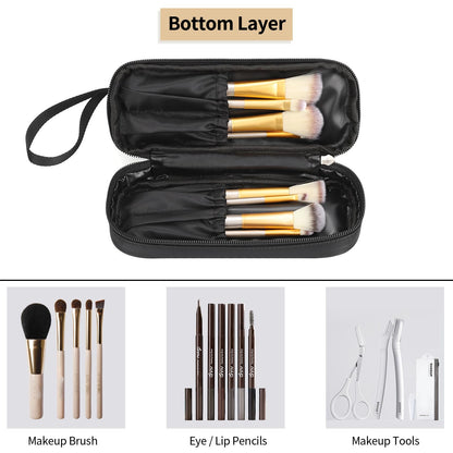 Small Makeup Bag, 2 Layers Travel Make up Organizer Bag with Makeup Brush Holder, Portable Cosmetic Bag for Women/Girls, Blue Flower