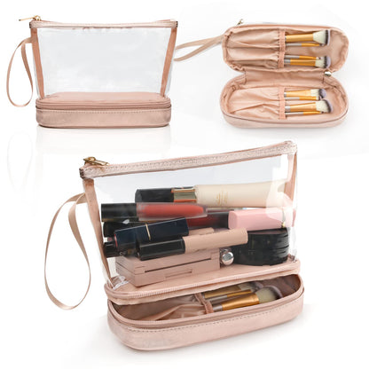Small Makeup Bag, 2 Layers Travel Make up Organizer Bag with Makeup Brush Holder, Portable Cosmetic Bag for Women/Girls, Blue Flower