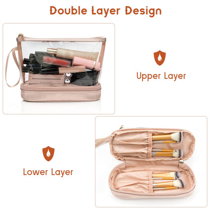 Small Makeup Bag, 2 Layers Travel Make up Organizer Bag with Makeup Brush Holder, Portable Cosmetic Bag for Women/Girls, Blue Flower