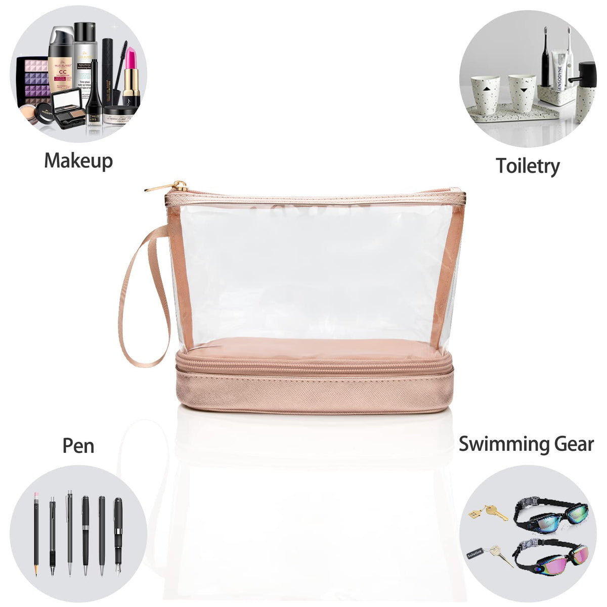 Small Makeup Bag, 2 Layers Travel Make up Organizer Bag with Makeup Brush Holder, Portable Cosmetic Bag for Women/Girls, Blue Flower