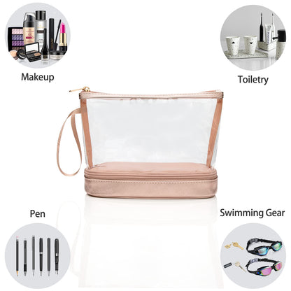 Small Makeup Bag, 2 Layers Travel Make up Organizer Bag with Makeup Brush Holder, Portable Cosmetic Bag for Women/Girls, Blue Flower