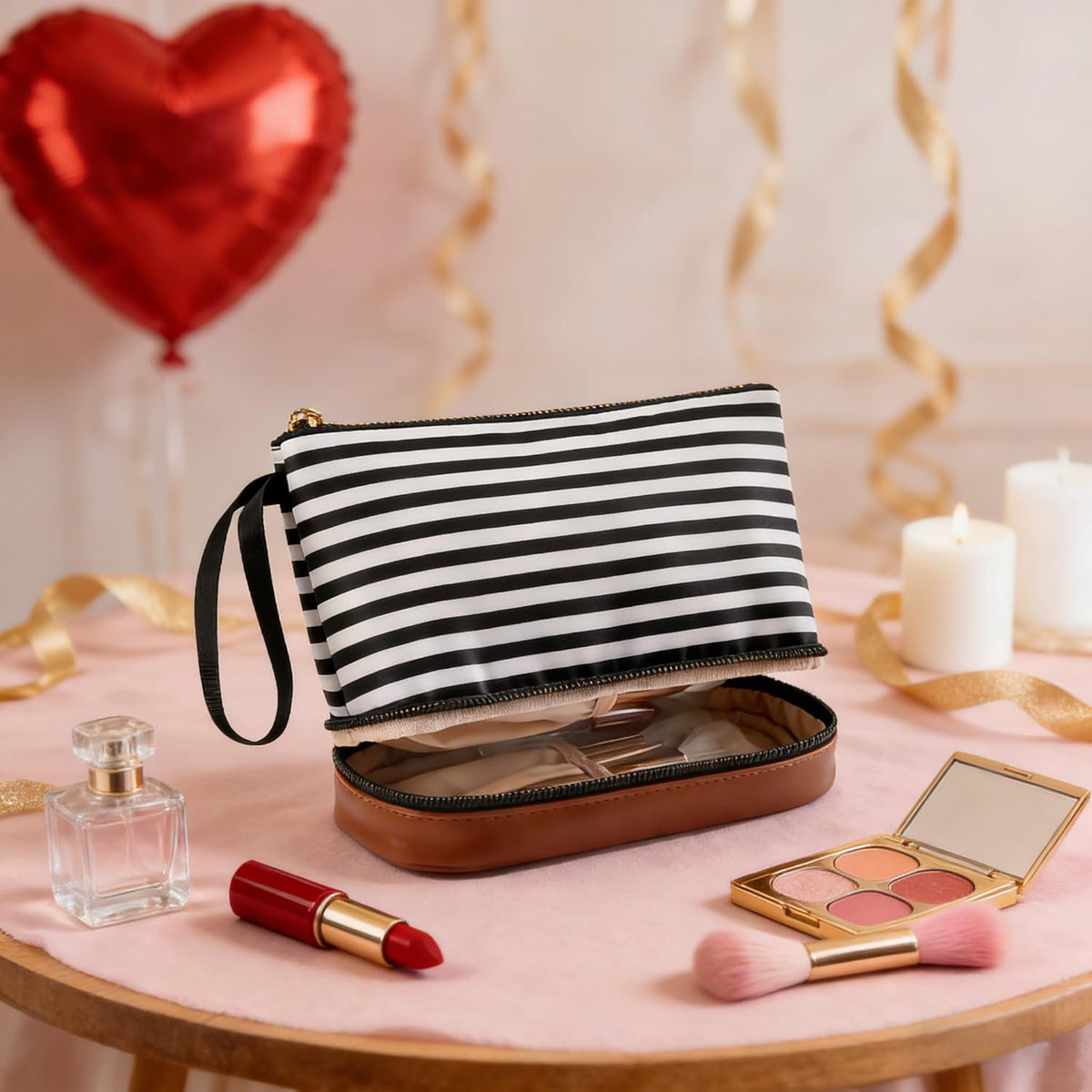 Small Makeup Bag, 2 Layers Travel Make up Organizer Bag with Makeup Brush Holder, Portable Cosmetic Bag for Women/Girls, Blue Flower
