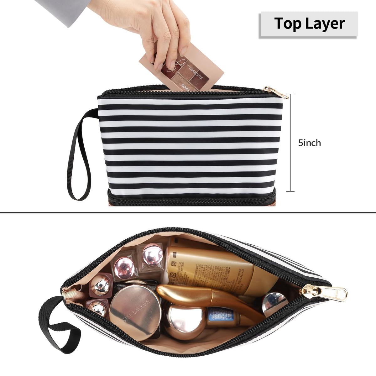 Small Makeup Bag, 2 Layers Travel Make up Organizer Bag with Makeup Brush Holder, Portable Cosmetic Bag for Women/Girls, Blue Flower