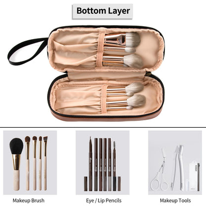Small Makeup Bag, 2 Layers Travel Make up Organizer Bag with Makeup Brush Holder, Portable Cosmetic Bag for Women/Girls, Blue Flower