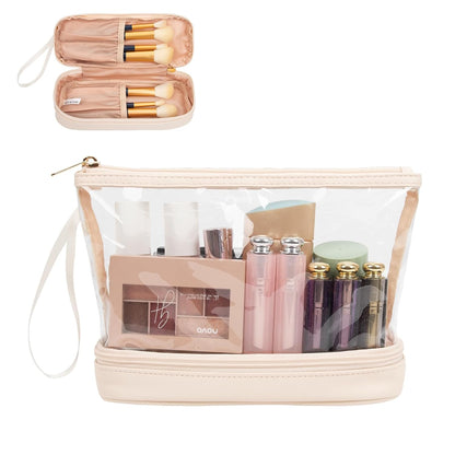 Small Makeup Bag, 2 Layers Travel Make up Organizer Bag with Makeup Brush Holder, Portable Cosmetic Bag for Women/Girls, Blue Flower