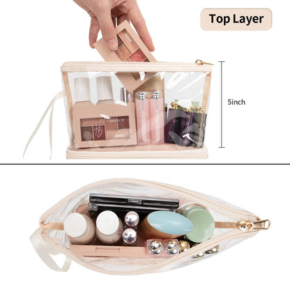 Small Makeup Bag, 2 Layers Travel Make up Organizer Bag with Makeup Brush Holder, Portable Cosmetic Bag for Women/Girls, Blue Flower