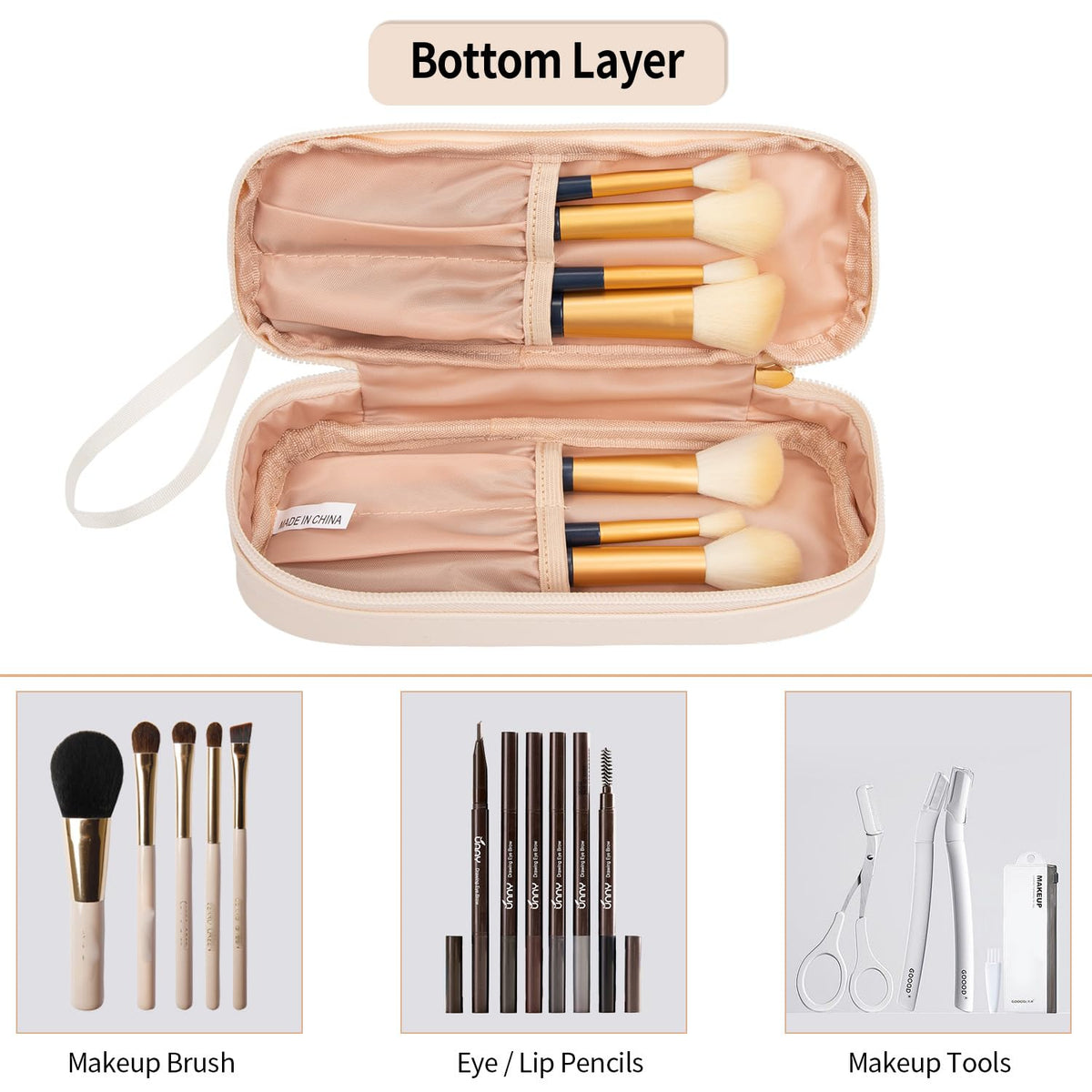 Small Makeup Bag, 2 Layers Travel Make up Organizer Bag with Makeup Brush Holder, Portable Cosmetic Bag for Women/Girls, Blue Flower